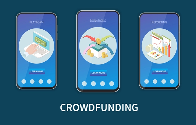 Crowdfunding isometric set with fundraising mobile app templates isolated vector illustration