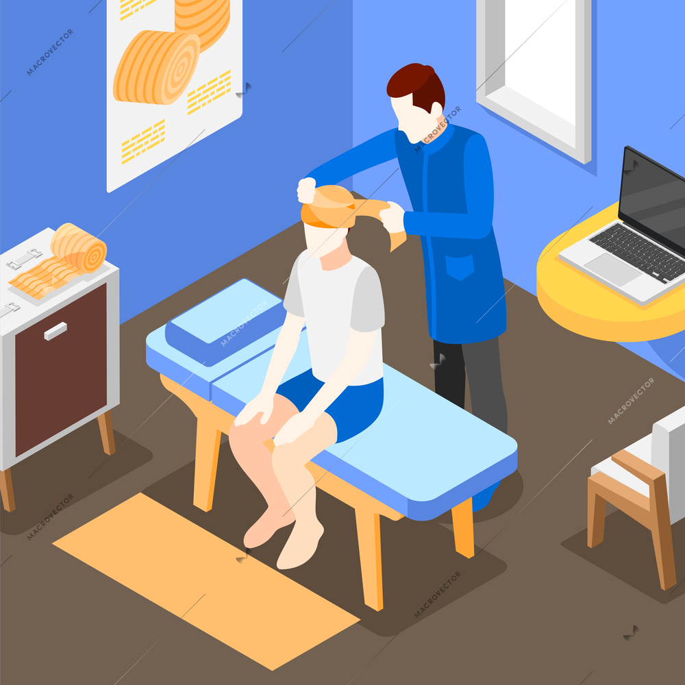 Doctor applying elastic bandage to head of male patient 3d isometric vector illustration