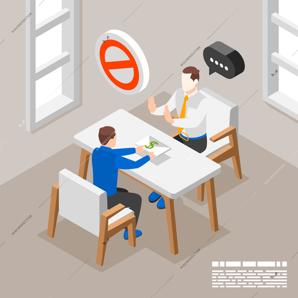 Isometric concept of esg and anti corruption policy with man rejecting bribe 3d vector illustration