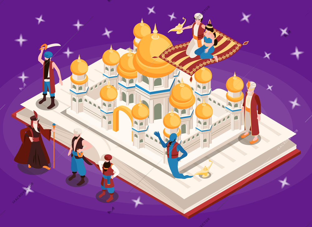 Oriental tales isometric background  with aladdin and the princess in ethnic suits hovering over ancient palace vector illustration