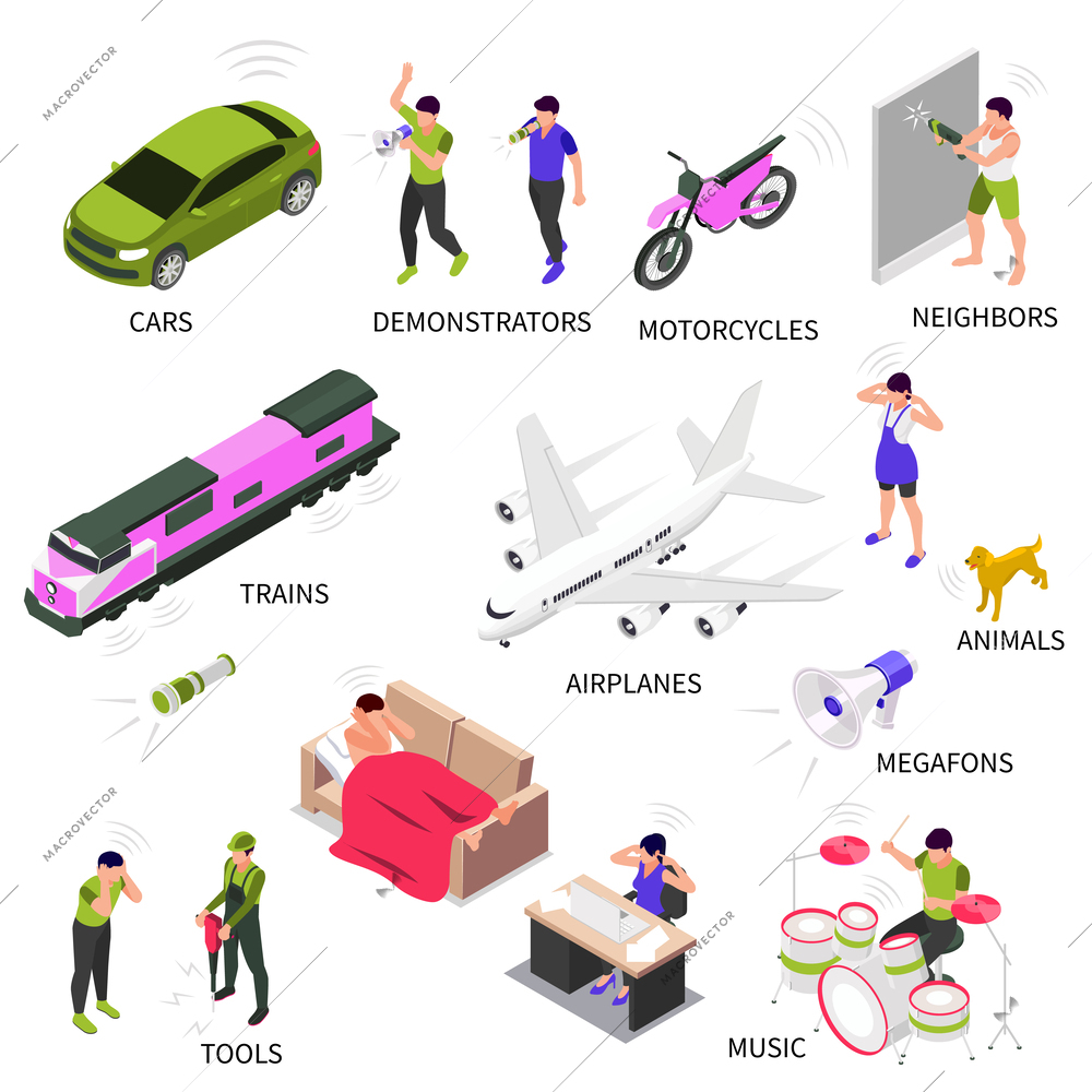 Noise source isometric set of various transport people working with tools and musical instrument isolated vector illustration