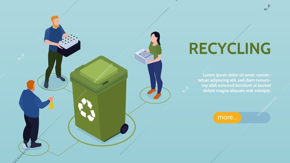 Isometric recycling horizontal banner with editable text more button human characters surrounding plastic bin for waste vector illustration