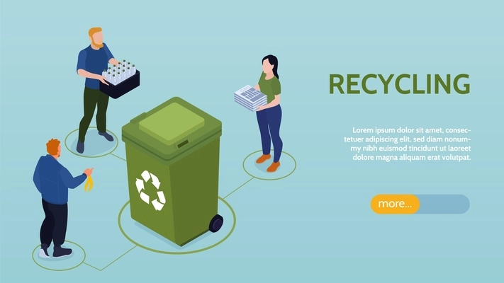 Isometric recycling horizontal banner with editable text more button human characters surrounding plastic bin for waste vector illustration