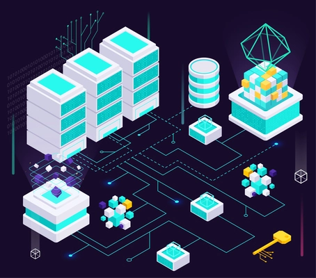Data economy isometric composition with flowchart of digital keys neon glowing holograms cubes and server racks vector illustration