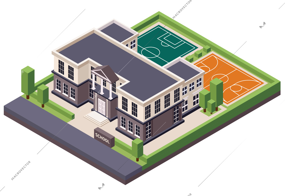 Classic architecture isometric composition with sports grounds behind vintage style building with school signboard and hedge vector illustration