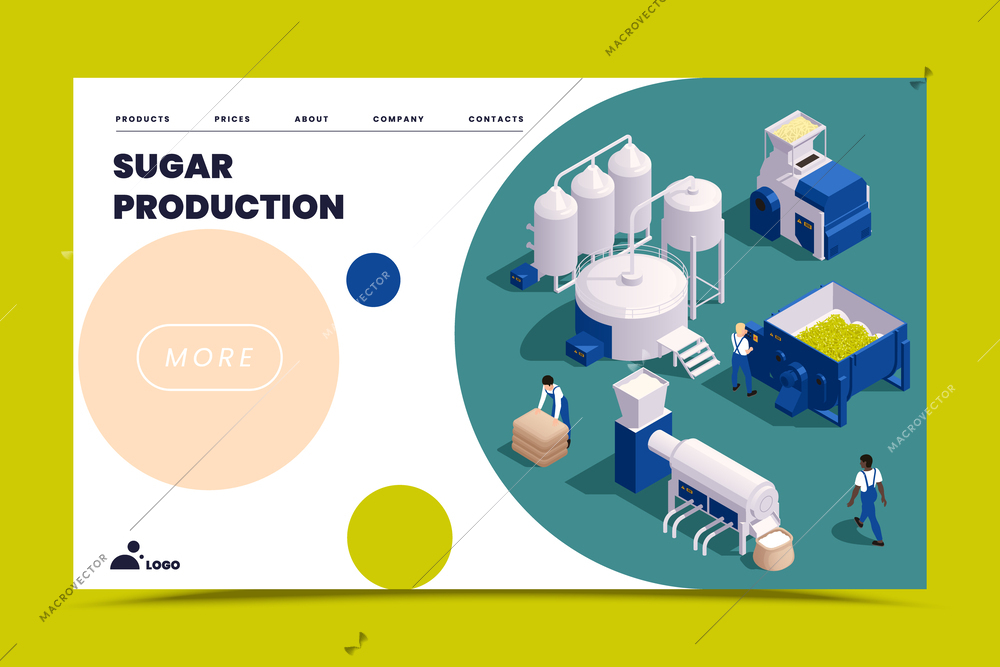 Sugar production isometric landing page with information about equipment for technological process vector illustration