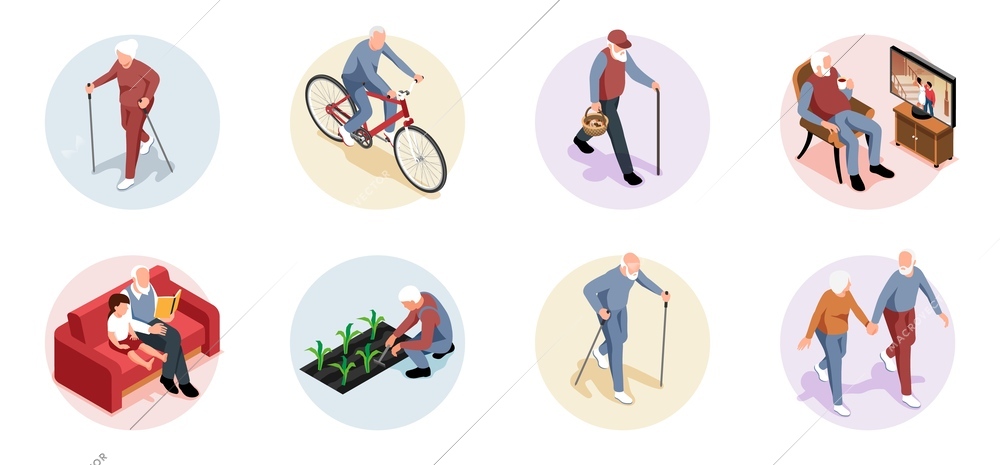 Isometric round old people activity composition set elderly men and women ride bicycles nordic walking watch TV and enjoy gardening vector illustration