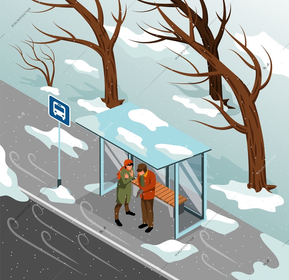 Isometric storm weather composition couple escaping the strong wind and snow under roof of bus stop vector illustration