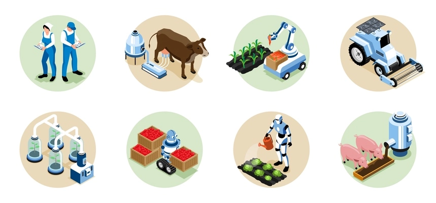 Isometric smart farm composition set humans control robots milk cows automatically plant seedlings and dig up dirt vector illustration