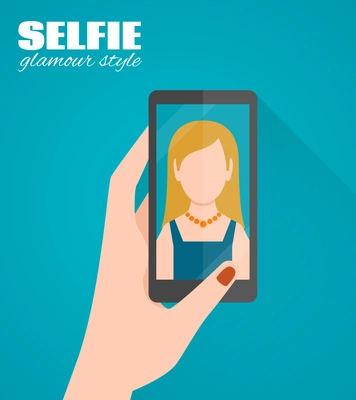 Glamour style selfie flat poster with female hand holding smartphone with woman picture vector illustration