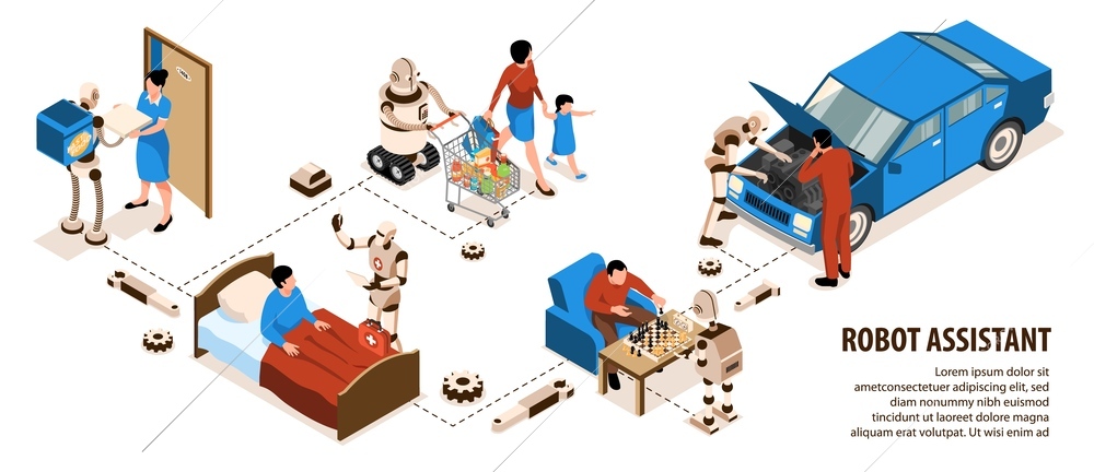 Isometric robot assistant infographic various options to help a person with food delivery fixing the car playing games shopping vector illustration