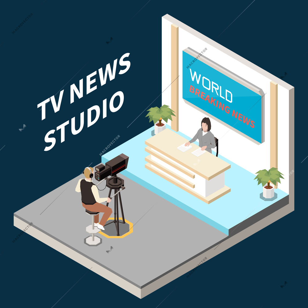 News media isometric concept with journalist in tv studio vector illustration