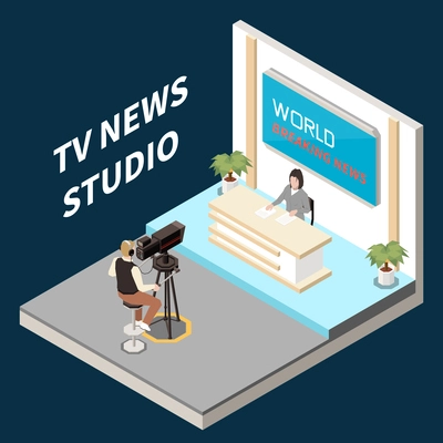 News media isometric concept with journalist in tv studio vector illustration