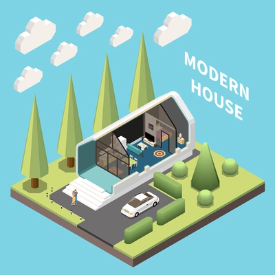 Modular building isometric concept with modern house cut out vector illustration