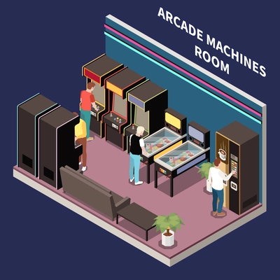 Indoor and table games isometric concept with people in arcade machine room vector illustration