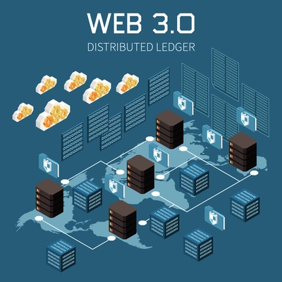 Web 3.0 technology isometric concept with distributed ledger symbols vector illustration