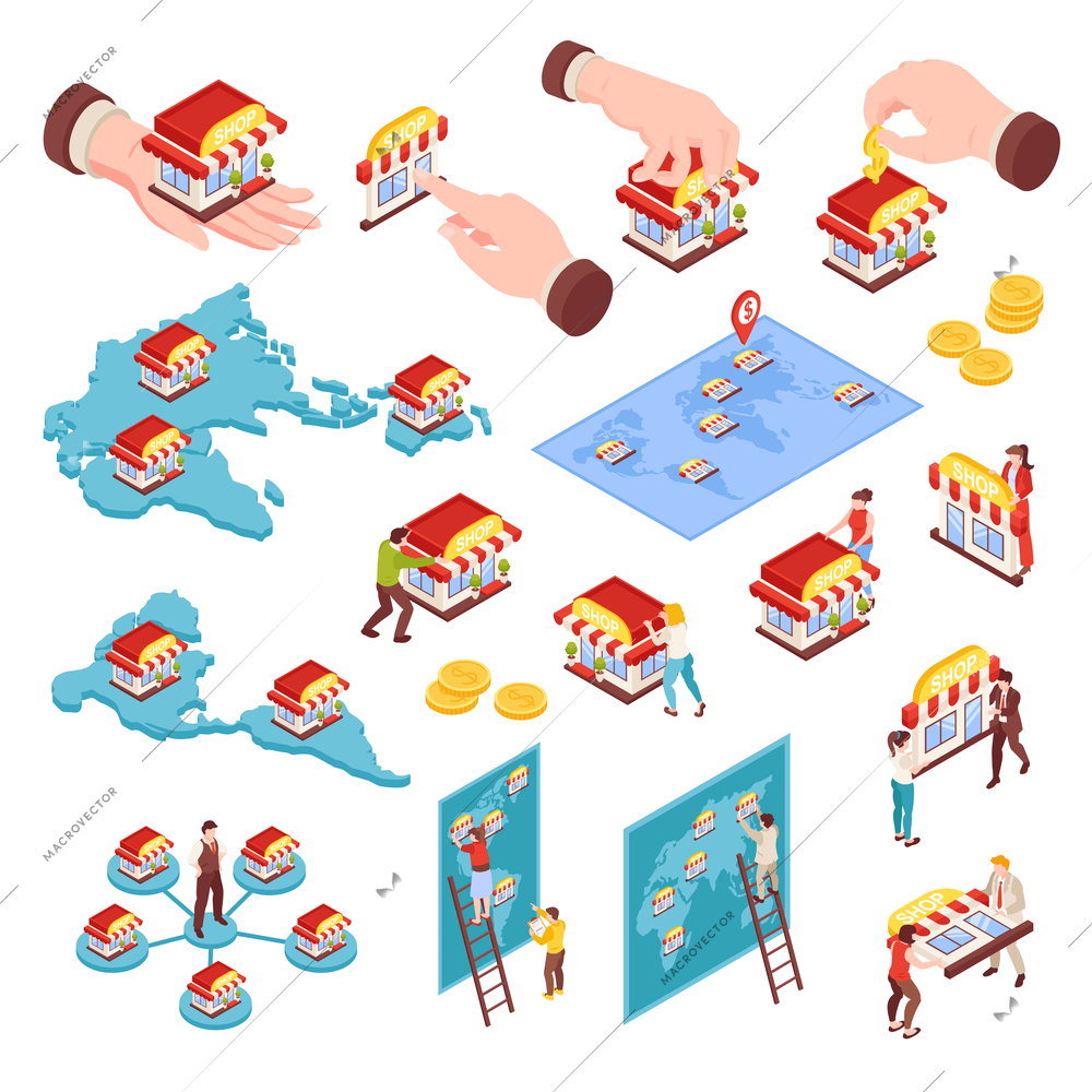 Isometric franchise set of isolated icons with human characters moving storefronts on world map with location vector illustration