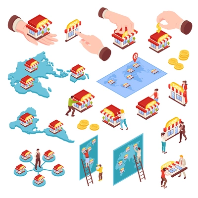 Isometric franchise set of isolated icons with human characters moving storefronts on world map with location vector illustration