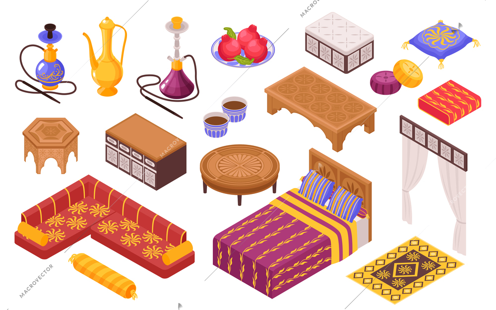 Middle eastern style furniture set with sofa and hookah isometric isolated vector illustration