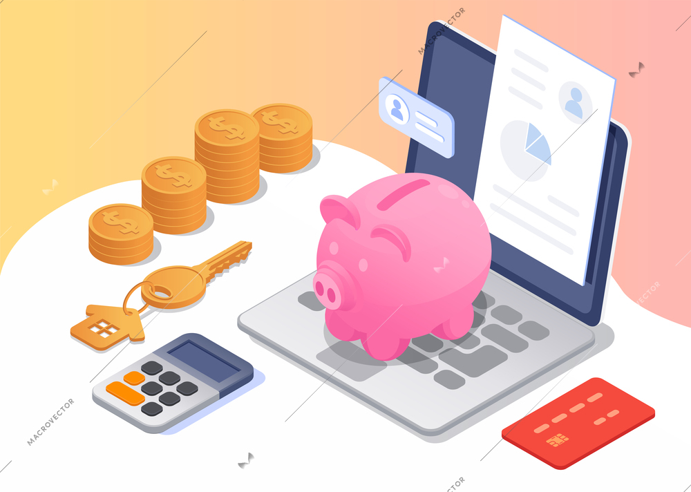 Loan mortgage isometric composition with piggy bank key to house credit card calculator coins 3d vector illustration