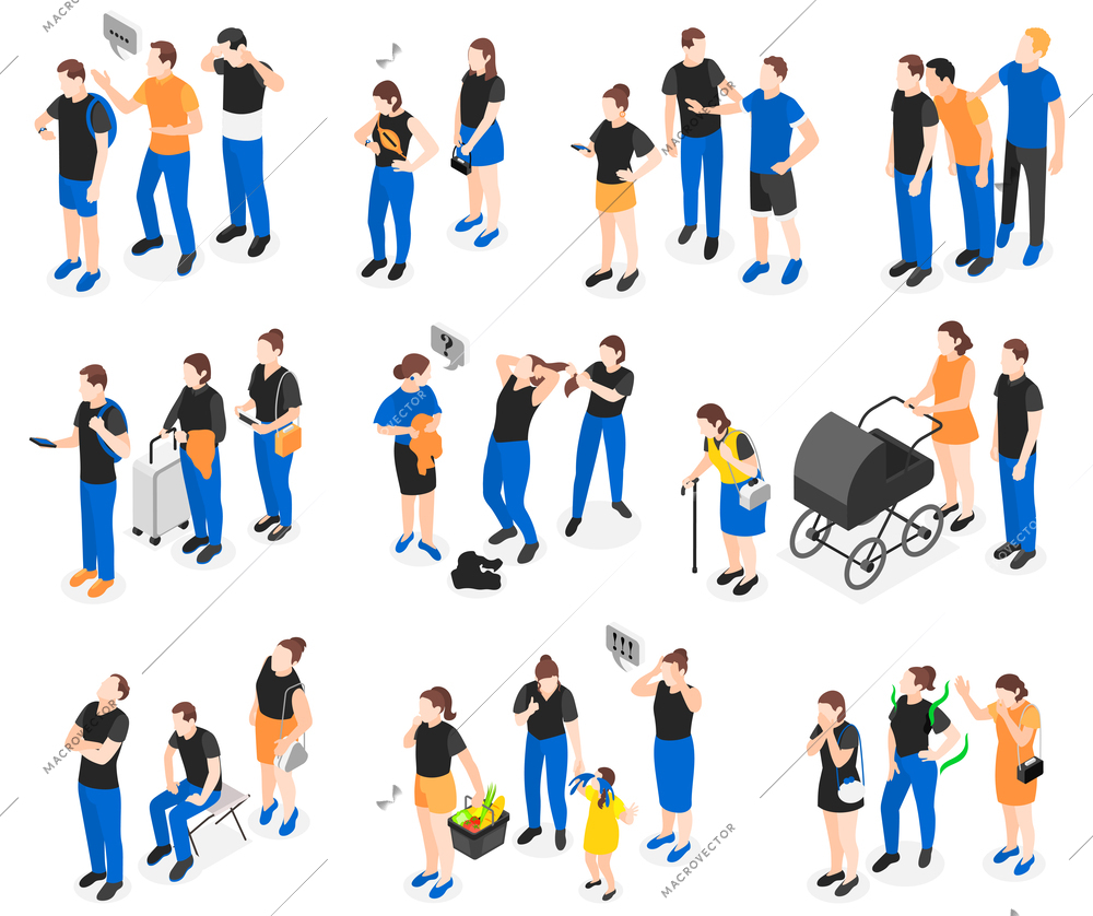 Queue isometric icon set different types of queues and different relationships between people among those waiting vector illustration