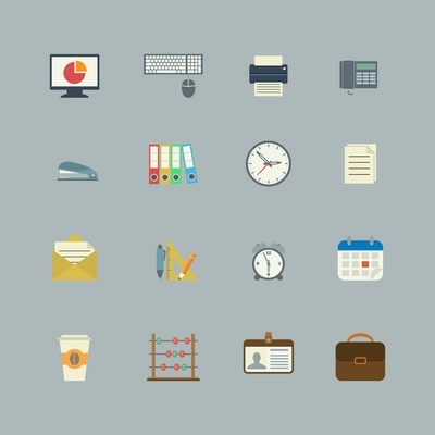 Business collection of flat stationery office supplies color icons isolated vector illustration