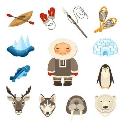 Chukchi and north animals decorative icons set with husky deer bear dog isolated vector illustration