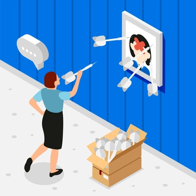 Bad boss isometric composition an executive plays darts with a photo of an employee vector illustration