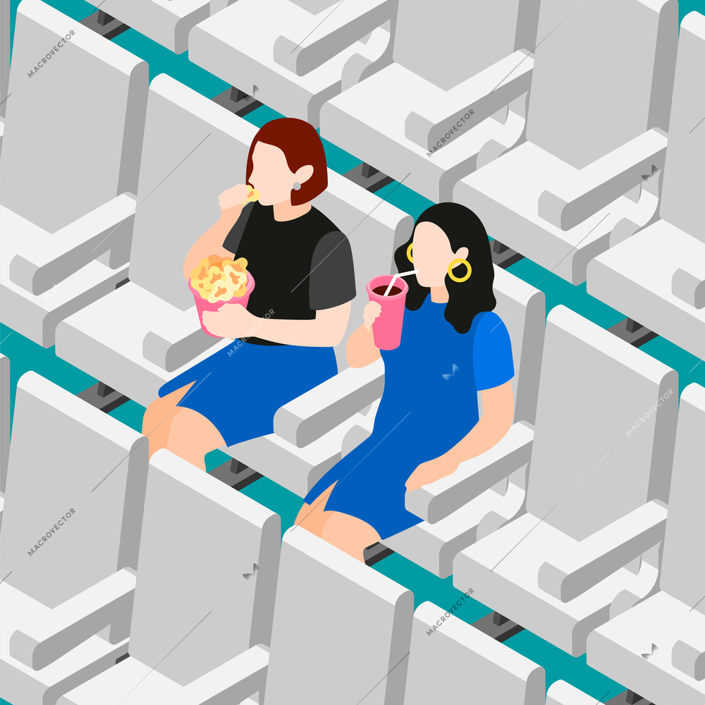 Female friends isometric colored composition two friends sitting together in a movie theater eating popcorn vector illustration