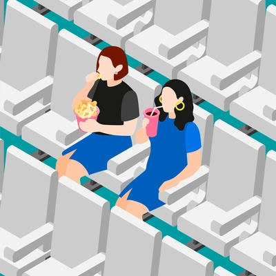 Female friends isometric colored composition two friends sitting together in a movie theater eating popcorn vector illustration