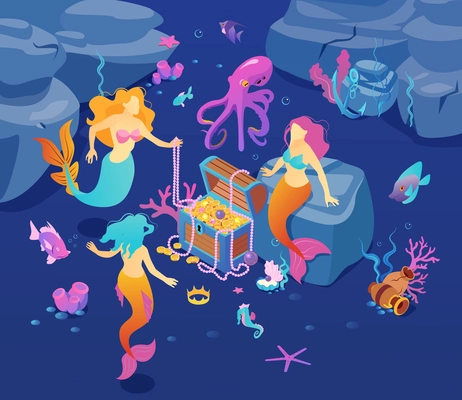 Isometric underwater world mermaid composition with mermaids surrounding treasure chest with fishes sea stars and corals vector illustration