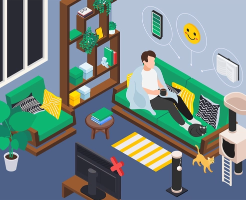 Mental health wellness composition with living room scenery and chilling man reading books not watching tv vector illustration