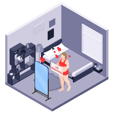 Sef esteem improvement isometric composition with indoor view of bedroom with female character looking in mirror vector illustration