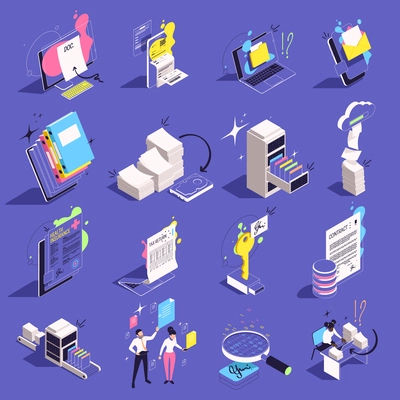 Go paperless isometric 3d icons set with stacks of papers and data kept on electronic devices isolated on color background vector illustration