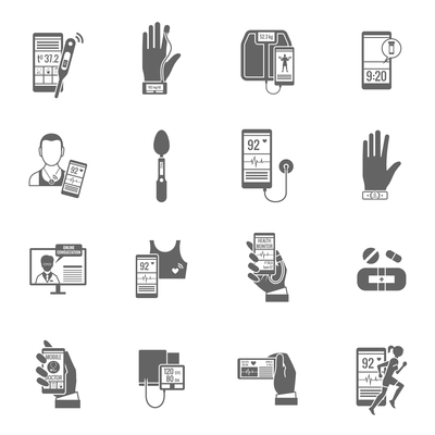 Digital health telemedicine doctor black icons set isolated vector illustration
