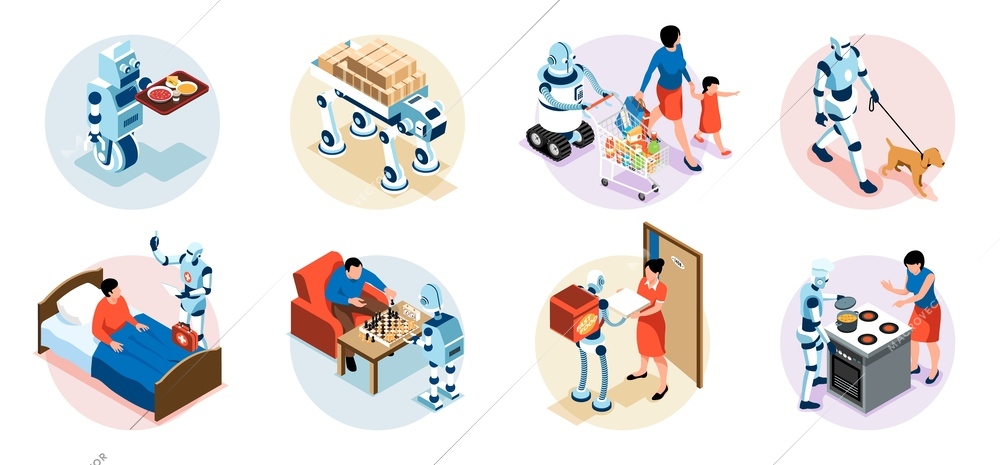 Industrial and household robot assistant helping people doing chores isometric set isolated 3d vector illustration
