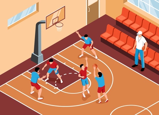 Students playing basketball in school sport gym with male teacher watching them 3d isometric vector illustration
