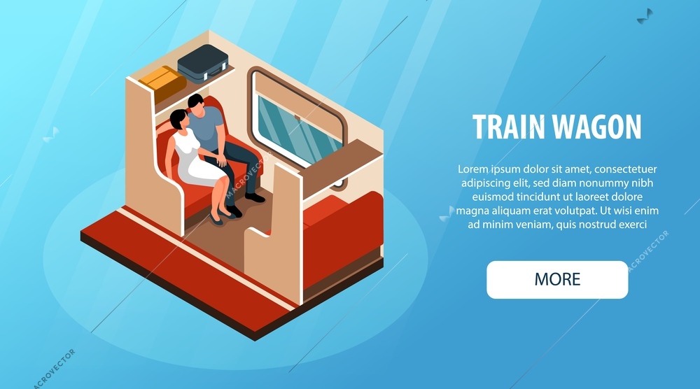 Isometric horizontal web banner with couple travelling in railway train wagon on blue background 3d vector illustration