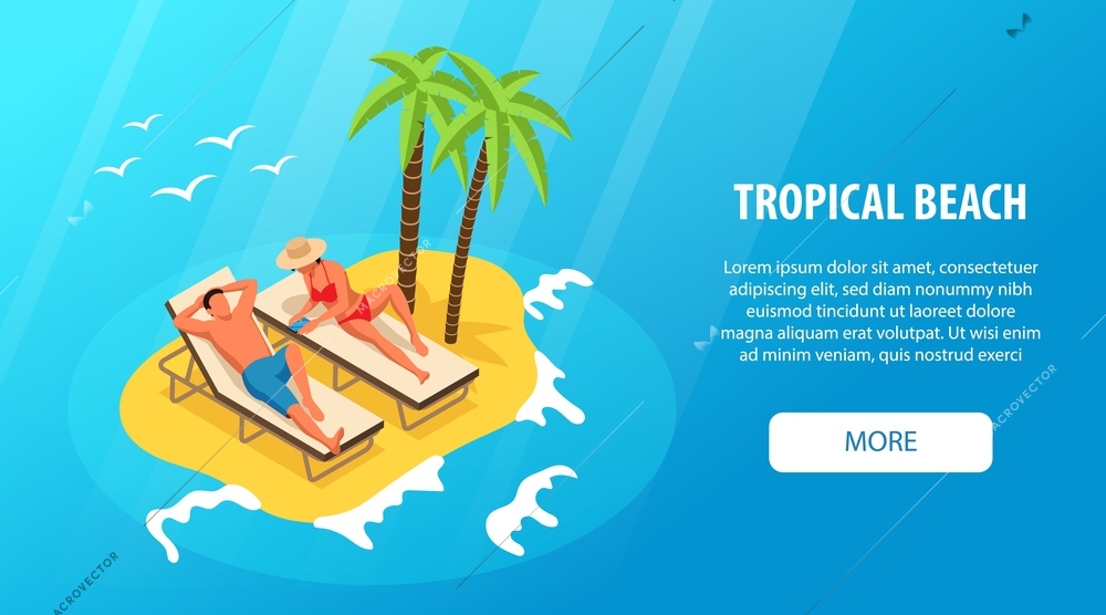 Isometric horizontal blue background web banner with couple relaxing on lounges on tropical beach 3d vector illustration