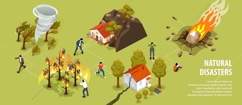 Natural disasters isometric infographics with tornado landslide forest fire earthquake falling meteorite damaged houses and people in panic vector illustration