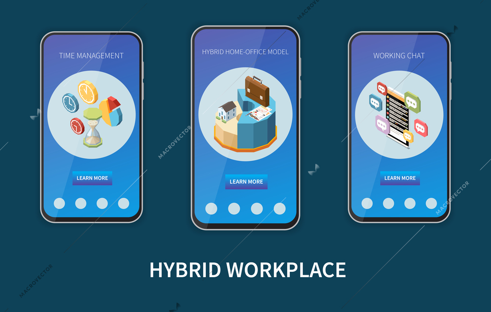 Hybrid workplace time management home office model working chat isometric set of vertical mobile banners isolated vector illustration