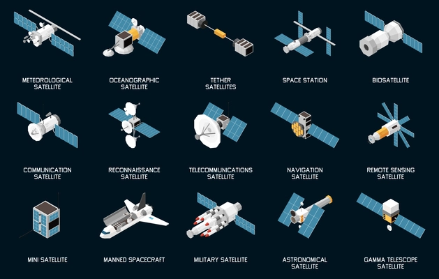 Isometric set of various types of satellites and spacecrafts isolated against black background 3d vector illustration