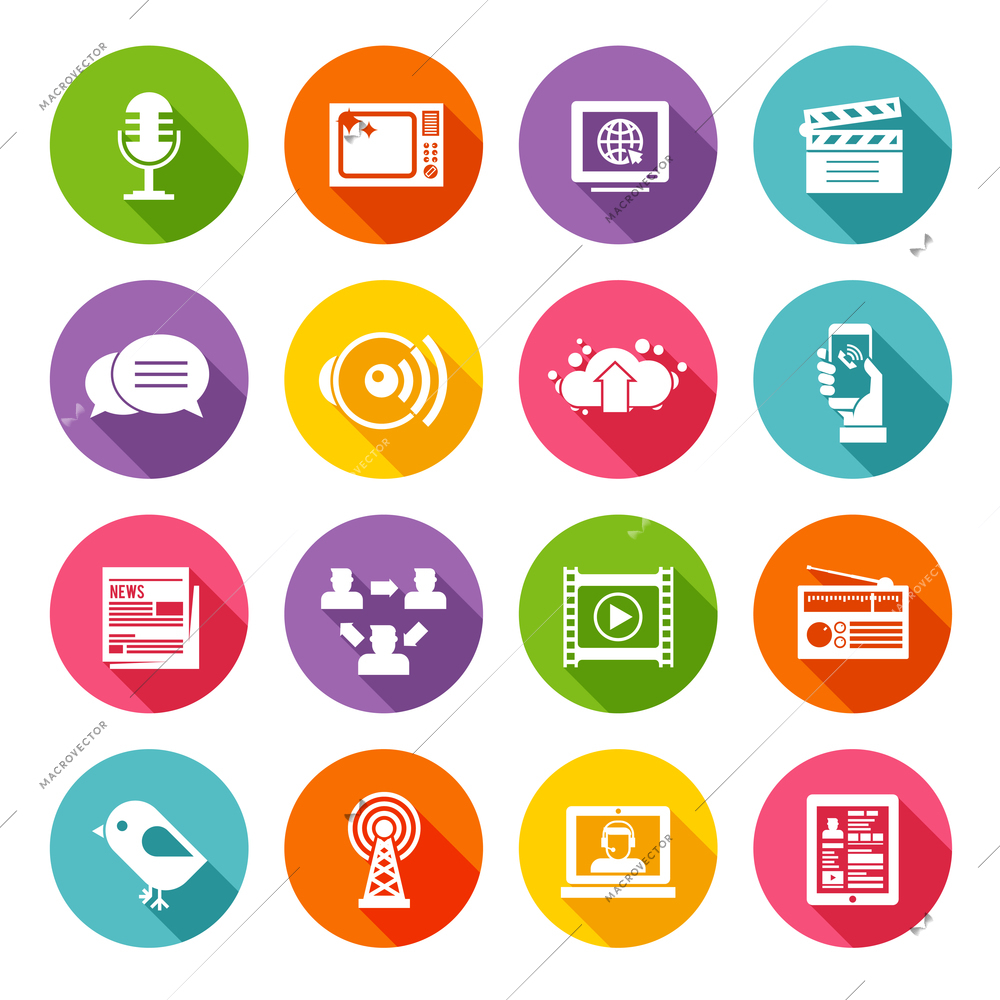 Media multimedia and business communication icon flat set isolated vector illustration