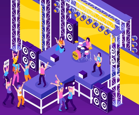 Rock star background with concert and people symbols isometric vector illustration