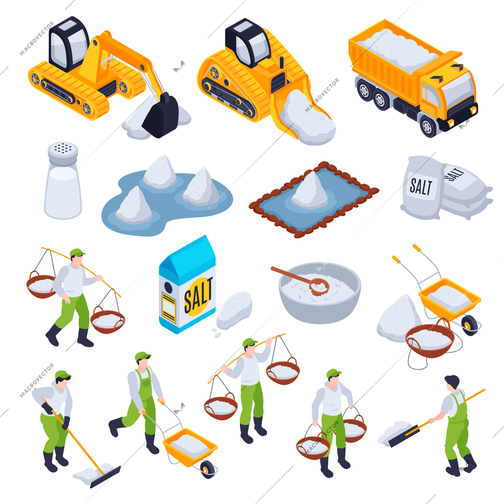 Salt production set with mineral extraction symbols isometric isolated vector illustration