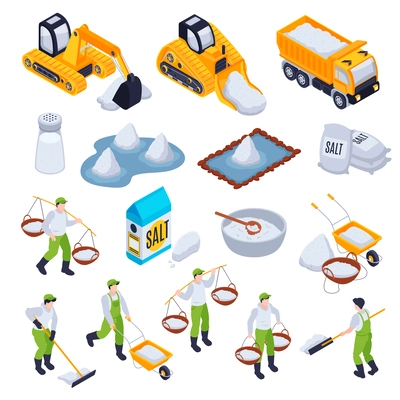 Salt production set with mineral extraction symbols isometric isolated vector illustration