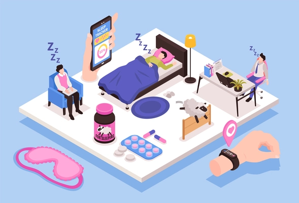 Healthy sleep concept with nightmares and insomnia symbols isometric vector illustration