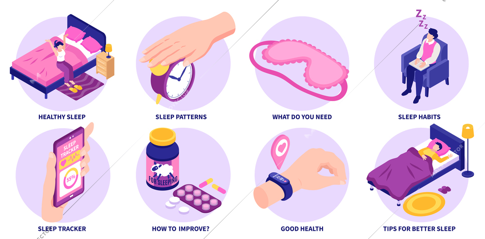 Healthy sleep round set with good night symbols isometric isolated vector illustration