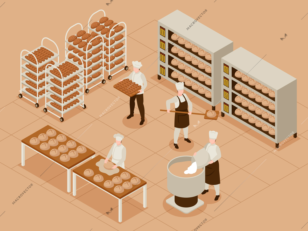 Bread production concept with organic loaf symbols isometric vector illustration