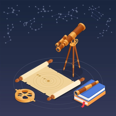 Ancient science composition with astronomy symbols isometric vector illustration